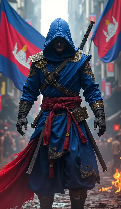 Ninja from Cambodia, epic and scary looking with cinematic style, colorful background, he is wearing blue and red ninja style clothes, Cambodia flag in the background