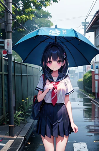 High school girl、I got wet in a sudden downpour、Summer clothes、Standing、Face is red、he&#39;Embarrassing.、My eyes are wet with tears、Cloudy volcanic ash sky、Sailor suit、Plain but cute、Long black hair、The illustrations are in the style of romance manga and a...