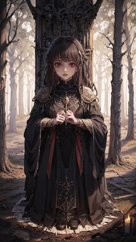 moonlit forest glade, twisted, leafless tree, in the center, a young woman stands in front of a makeshift shrine, her face is in...