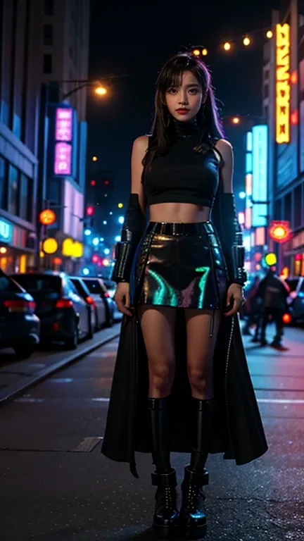 In the background, It shows a city filled with decorations, lights and holograms..., Create a unique atmosphere for the cyberpunk world...,wear&#39; High-tech elements such as flying drones., Flying car, Or a beautiful skyscraper, (Holographic tattoo), (Be...