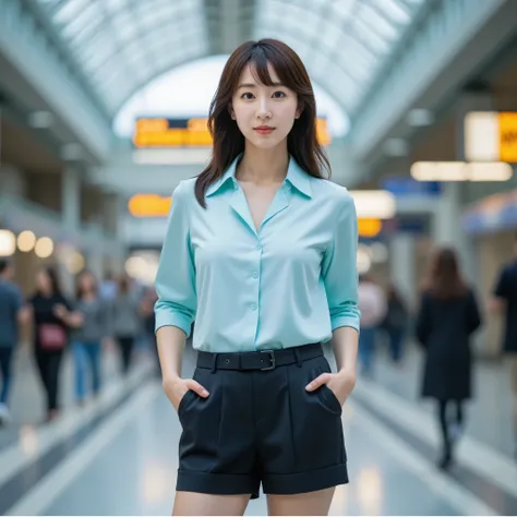 a young asian woman stands confidently in a bustling train station. she is dressed in a smart casual outfit, including a light b...