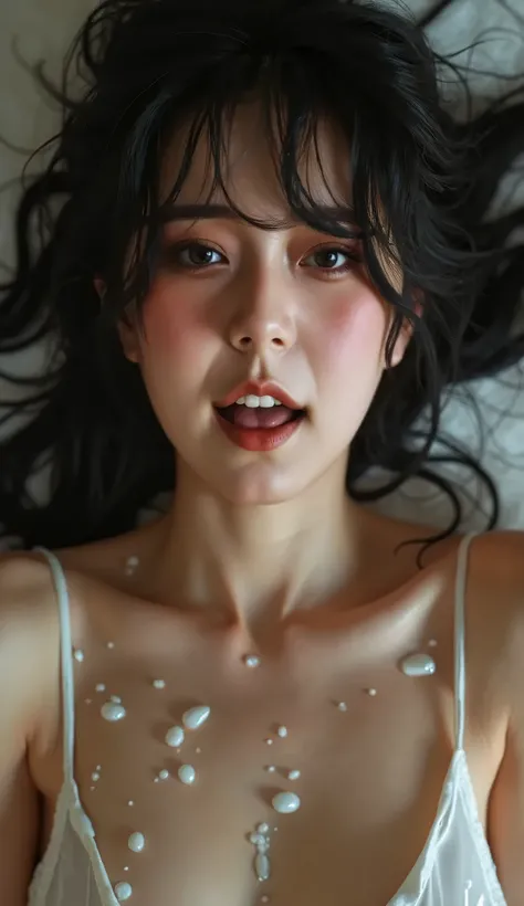 Japanese women,half body photo,from below,face as she orgasms from sexual gratification,Mouth open ,seductive Facial expressions are,She wants to lick ,Dripping white milk over body, (from Directly Above),wet sweat 