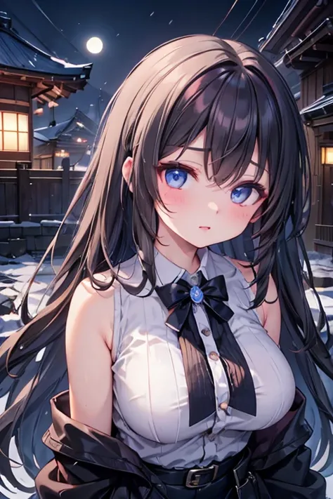 1 female、whole body、Lower corner、Brown Hair、Long Hair、Well-groomed face、Dark lips、blue eyes、Blue cardigan、valley、slim、Black shorts、cherry blossoms、cherry blossoms snowstorm、petal、Kyoto、Old Building、night、full moon、masterpiece、Ultra-high resolution、delicate...