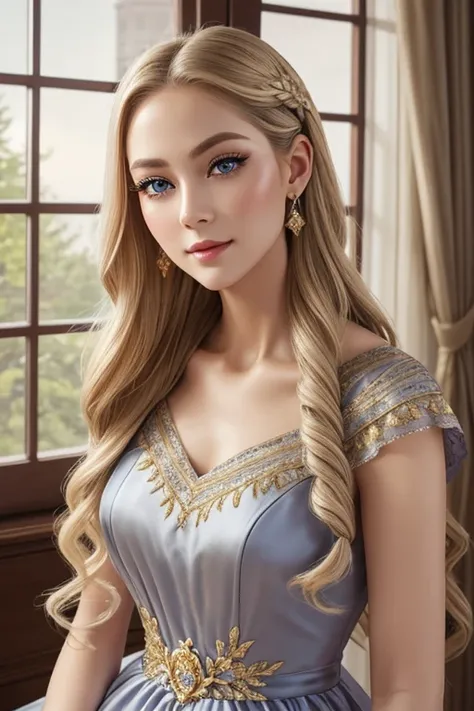 European Royal Milf、3 with pale, smooth skin、An elegant beauty、Rich blonde medium-length hair、Her hair is gently wavy and intricately braided on the side.、Natural and elegant make-up、Grey Eyes、The almond-shaped eyes have drooping corners, giving the face a...