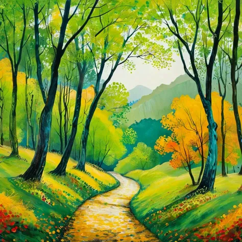 Masterpiece, best composition, best quality, beautiful green landscape, walking path through deciduous forest, colorful landscape painting, perfect for mobile phone wallpaper.