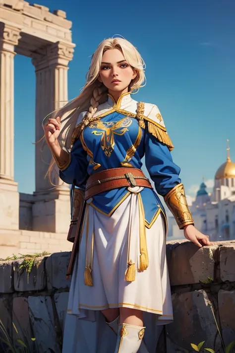 Heroes designed with typical features of Ukrainian culture and history、Hero suits with national flag motifs、A strong sense of justice、Active and beautiful woman、Iconic Landmarks and Scenery、((Best Quality))