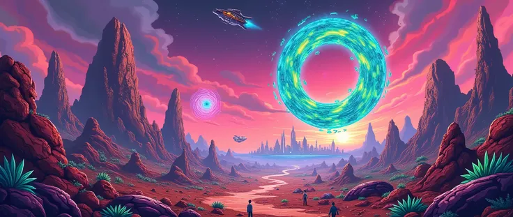 A vibrant, chaotic sci-fi background inspired by the Rick and Morty universe. The scene features a vast, multicolored alien landscape with floating rocks, bizarre creatures, and strange alien flora. In the sky, there are swirling, neon-colored portals that...