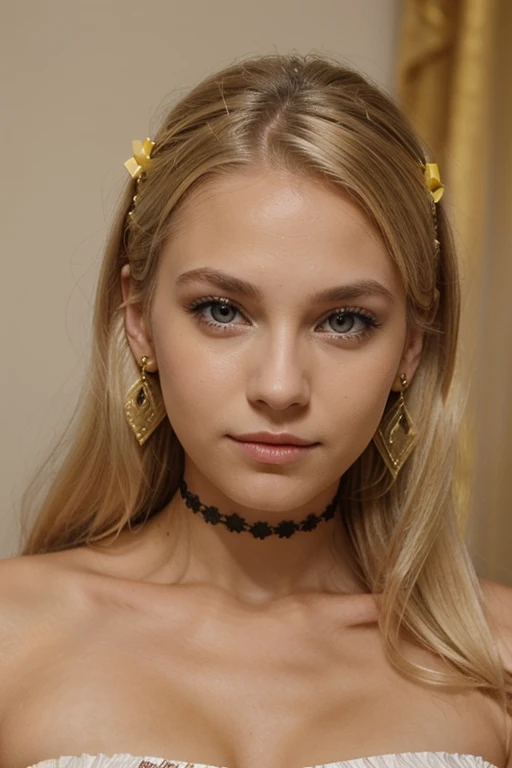 1 fille, blond hair, yellow eyes, Earrings, Barrette, masque/Bandeau pour les yeux, From top to bottom, 