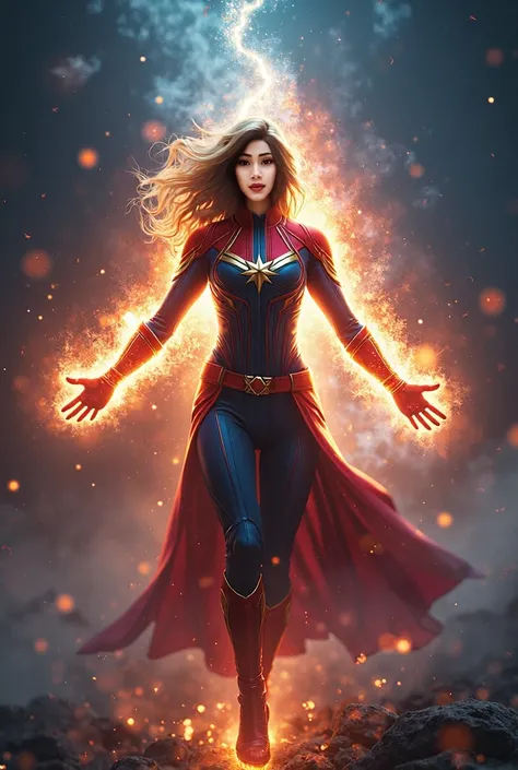 Arms beauty woman emitting an intense radiant aura of cosmic energy like captain marvel