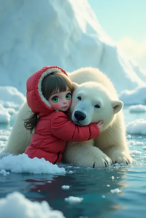 The setting is Antarctica。Drift ice is flowing、There is a big polar bear、There&#39;s a  beside me、Cuddling with a polar bear。
The girl&#39;s clothes、He is wearing a red down jacket with a red hood。Hair color、It is a greenish brown。
Her eyes are emerald gre...