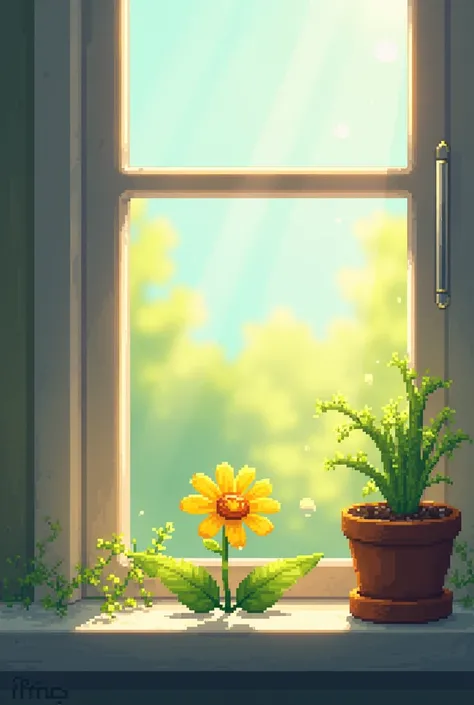 Draw a small yellow flower by the window in pixel style