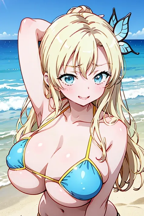 anime,anime cel style,anime style,High resolution, 1. there is nothing, He says, Long Hair, hair ornament, Blue bikini with exposed nipples, Clevis, Halter neck, (Big Breasts:1.5),Beach,(sweat,steam:1.4),Lean forward,(Happy smile:1.3),Charming smile、(sexy)...