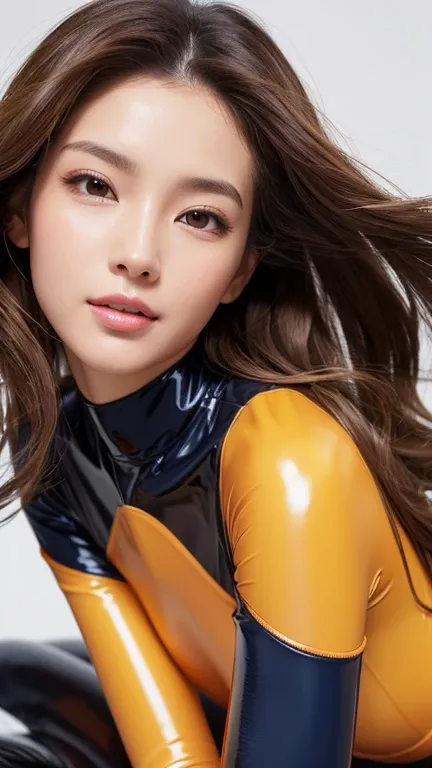 Sensual beauty、Selfish Dynamite Body、sexy、Night City、Wavy long hair、Beautiful position、High image quality、4KHigh resolution、Realistic、eroticism、Pearl Color、tights、Orange latex top、Navy latex bottoms、gloves、Booster Piece、gross、High Leg、Chest symbol、Latex bo...