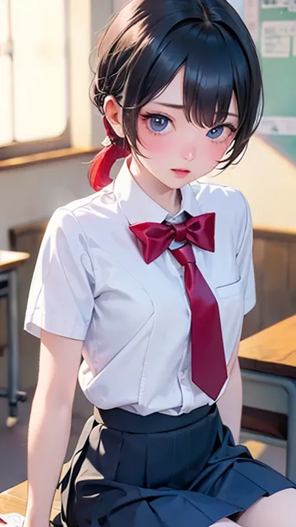 (desktop, highest quality:1.2), 8K,LD, 85 mm, Official Art, Original photo, absurd, White shirt, Cute face, closure, Upper body, Violet Lace, Gardenia, beautiful girl, , (Navy pleated skirt:1.1), Squeeze the waist, thigh, Short sleeve, classroom, Ponytail、...