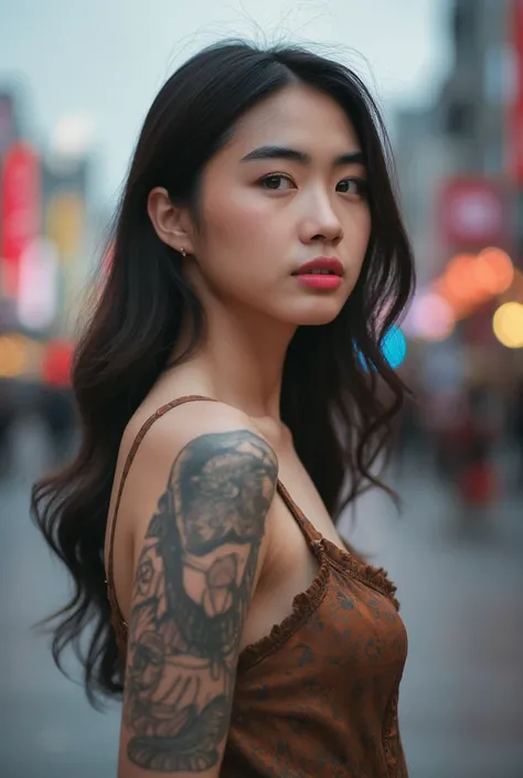 A stunning young korean woman with a bold tattoo on her arm, poses confidently against the vibrant backdrop of a bustling city. Her oval-shaped face is framed by a radiant glow, accentuating her frosty-pink lips and small earrings. Every detail, from the i...