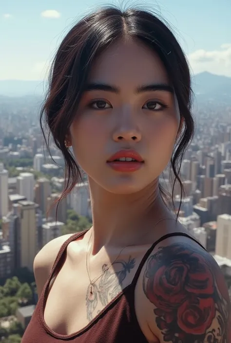 A stunning young korean woman with a bold tattoo on her arm, poses confidently against the vibrant backdrop of a bustling city. Her oval-shaped face is framed by a radiant glow, accentuating her frosty-pink lips and small earrings. Every detail, from the i...