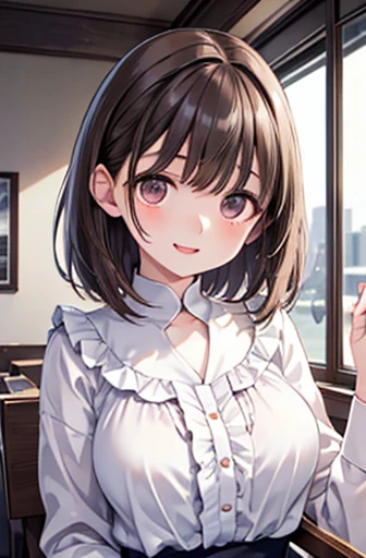 anegasaki nene、Shiny brown hair, short hair, (Beautiful brown eyes、Shining Eyes, fine grain)、smile、Very detailed eyes、Highly detailed face, Highly detailed eyes,


(White ruffled blouse)  (Long sleeve), look up, Upper Body, Realistic,  (Pale skin: 1.2), RA...