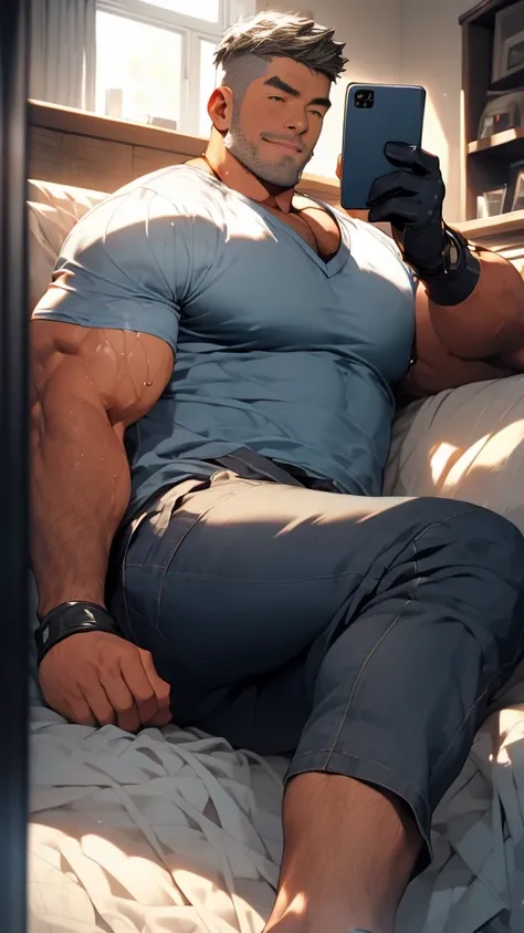 a mature korean male lying and lounging on a couch, using smartphone and looking at his smartphone, he raise his another arm behind his head, put his feet on the couch, tanned skin, (wear a fitted v-neck t-shirt in navy with a police badge:1.2), navy blue ...