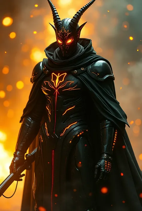 close up photo of a Golden Devil in cyberpunk robot mecha, slim and sleek, wrapped in black with red line ripped oversized robe, in the style of Guillermo del toro. Vibrant bright orange neon patterns on head and armor. stand in the middle of an empty glow...