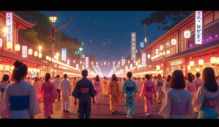 Japanese Bon Odori、night、night祭り、illumination、High image quality、colorful、Real、Panorama、Super beautiful