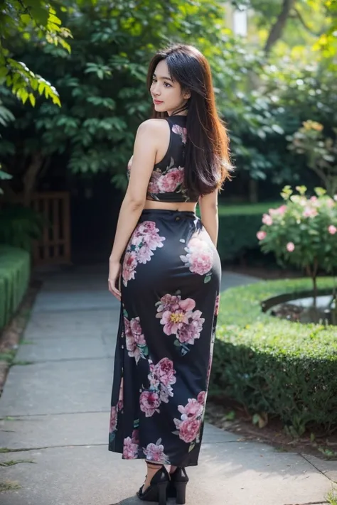  A mature milf Asian woman with long hair ,20years old, full body (pantie line),widest hips ,thick hips,big sized ass,ass emphasized,detailed,realistic,rare view,view from behind,long and thick hair in a flower garden, wears a long Indonesian batik black s...