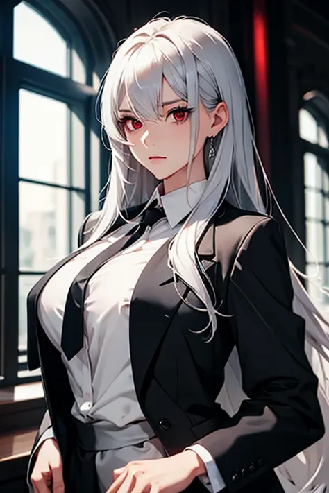 female, Silver hair, Red eye, Long hair, black suit, white shirt, black tie, large breasts