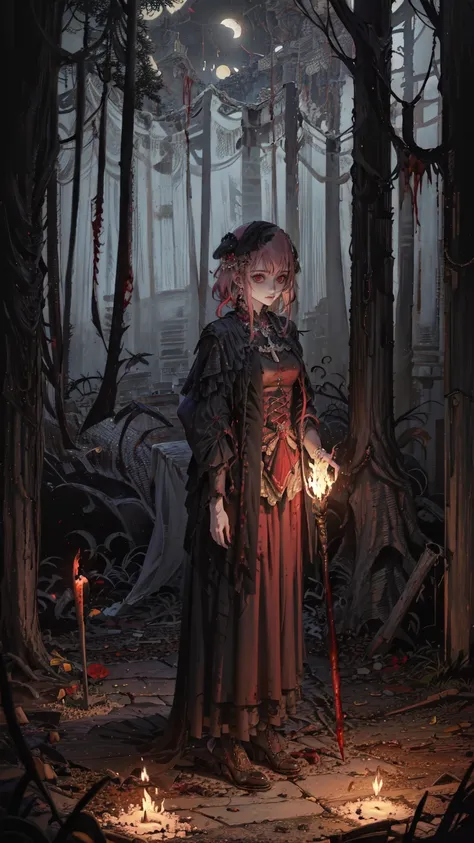 moonlit forest glade, twisted, leafless tree, in the center, a young woman stands in front of a makeshift shrine, her face is in...