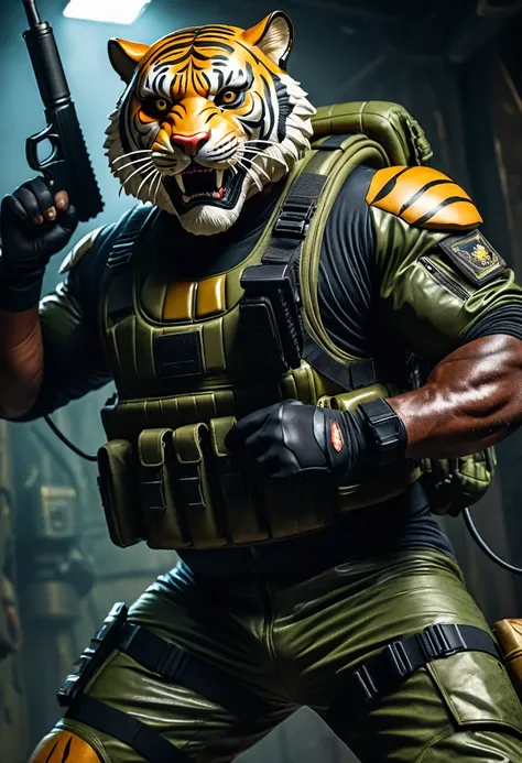 (a dark-skinned fat muscular old man in a bulky army camouflage zipper diver suit) carrying a gun, (wearing a small-sized realistic roaring tiger mask), dynamic action pose, fierce expression, showcasing an imposing stature, surrounded by military elements...