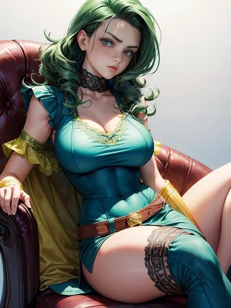 Slim and athletic woman (rogue x-men), 25 years, 8k ((high definition)), sighing, seductive look, blue eyes, wearing green dress ((with V-neck, yellow lace and short puff sleeves)), white belt, arms positioned at the sides of the body, white skin, black cu...