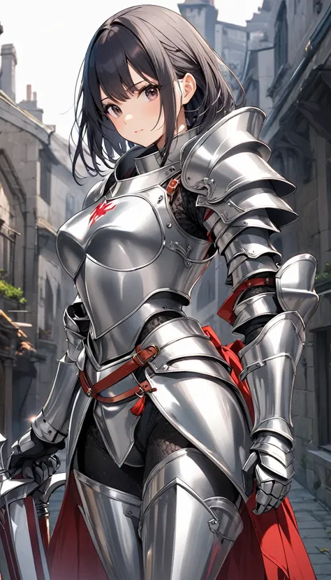 A girl knight wearing shiny steel armor