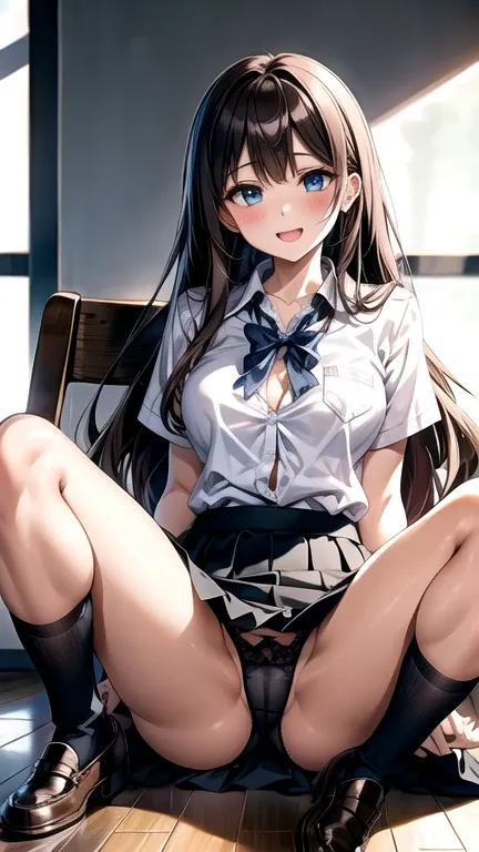 1 girl、solo、Long Hair、milk、Looking at the camera、blush、smile、Open your mouth、shirt、巨milk、skirt、Brown Hair、ribbon、underwear、Student Uniform、白shirt、whole body、pants、Short sleeve、Side Lock、Thighs、プリーツskirt、shoes、shoes下、indoor、黒skirt、Leg spread、bra、Check patte...