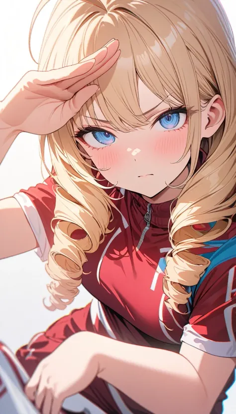 woman,, View your viewers, Long Hair, Ahoge, blonde, Drill Hair, blue eyes, Slanted Eyes, Serious face, Maroon sportswear、Maroon sportswearの長ズボン、Shoes、Salute、White background、Speedy Shot, Masterpiece, detailed, ultra detailed, hyper detailed, insanely deta...