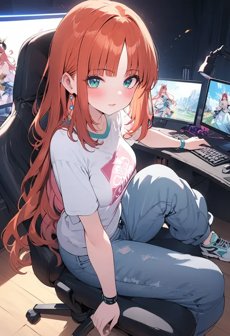 a gamer girl in a graphic tee, baggy jeans, and stylish sneakers, beautiful detailed eyes, beautiful detailed lips, extremely de...