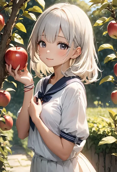 An apple grows from the wristband、A cute girl watching it、pale、Fine、High image quality