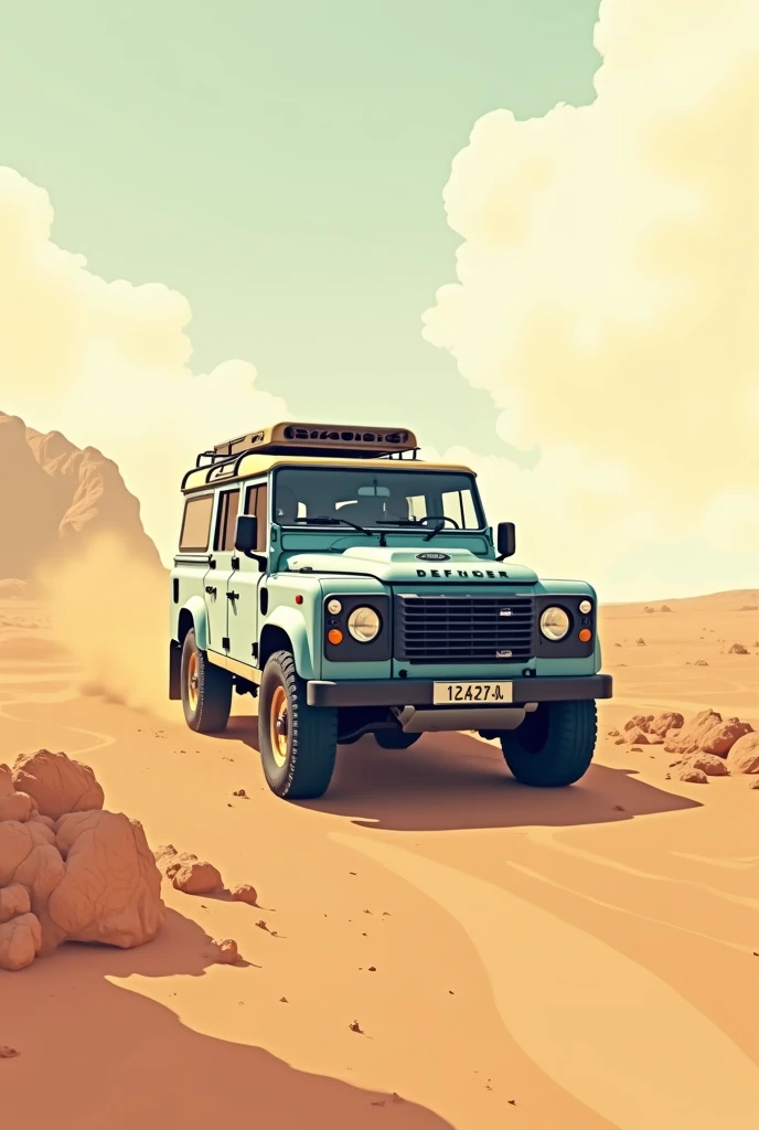 (Very Simplistic vector art:1.2), sand blue old land rover defender with long wheelbase, rally, Dakar, sunlight,