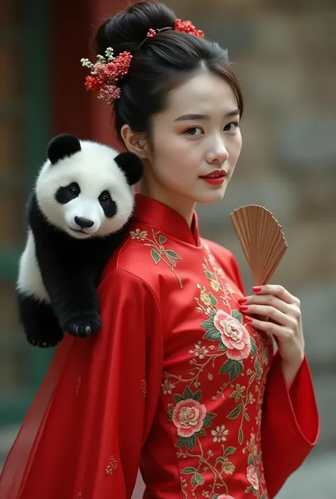 Chinese woman in red ancient dress walks with a panda fan on her shoulder, close-up 4K footage