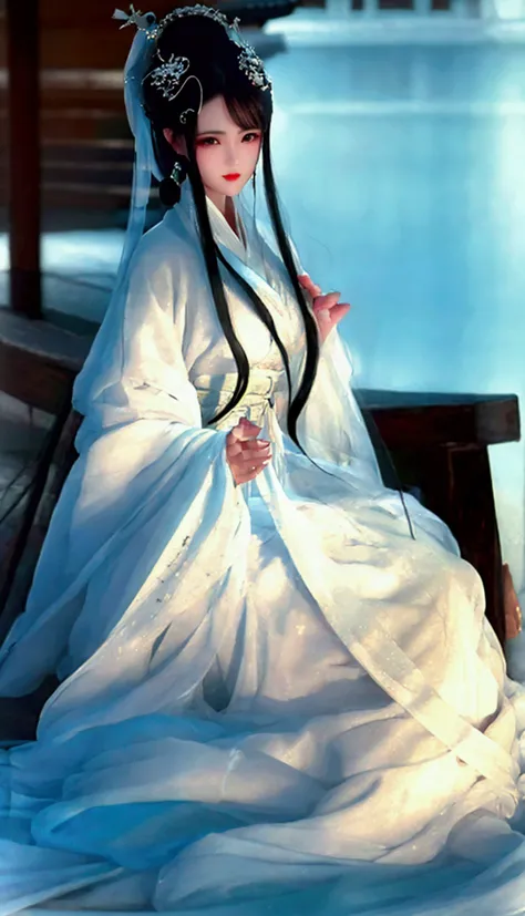 （masterpiece:1.3),(best quality:1.4),(actual:1a.4）,Ice Palace Cloister,Ice Pond,Liu Yurou,Bangs,long hair shawl,hair accessories,Big breasts,Goose yellow palace Hanfu,close-up