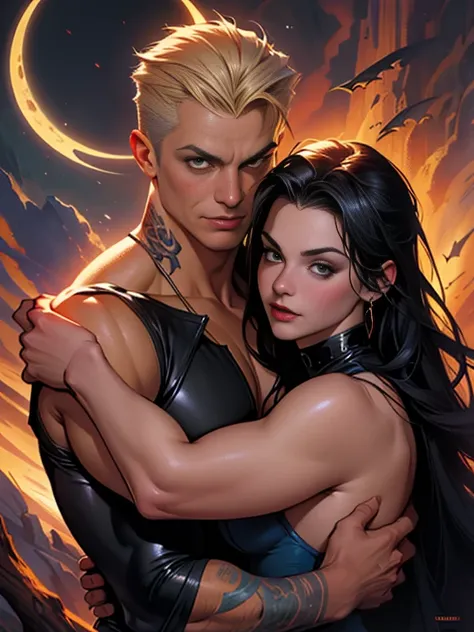 pintura de um casal se abraçando em frente a uma grande lua, capa de romance, buffy the vampiro slayer, por Tina Blondell, por Todd Lockwood, Direção: Richard Benning, por Bob Ringwood, inspirado por Tim e Greg Hildebrandt, por Jason Edmiston, inspirado po...