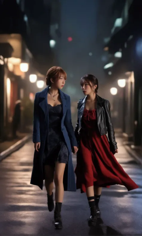 a shadowy lesbian vampire stalks yuna, cute yuna, 2, sexy shabby outfit, scared, desperate, viewer walking home late at night in...