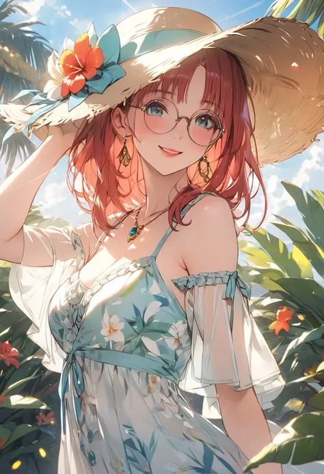 a girl in a tropical vacation outfit, a bright sundress with floral prints, a wide-brimmed hat, beautiful detailed eyes, beautiful detailed lips, extremely detailed face, long eyelashes, smiling, standing in a lush tropical garden, vibrant colors, warm lig...