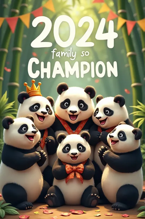 a happiness panda family gathering event, with a sentence on the image " 2024 Family So Champion", the sentence must emphasize, the words must largest