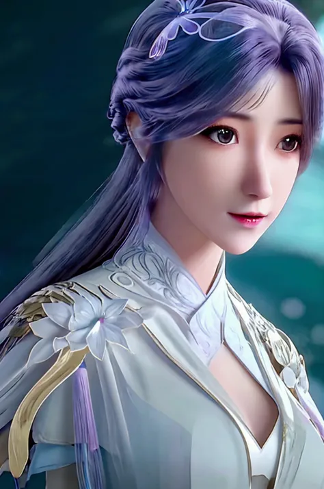 （masterpiece:1.3),(best quality:1.4),(actual:1a.4）,Ice Palace Cloister,Ice Pond,Women,Bangs,long hair shawl,hair accessories,Big breasts,Goose yellow palace Hanfu,close-up