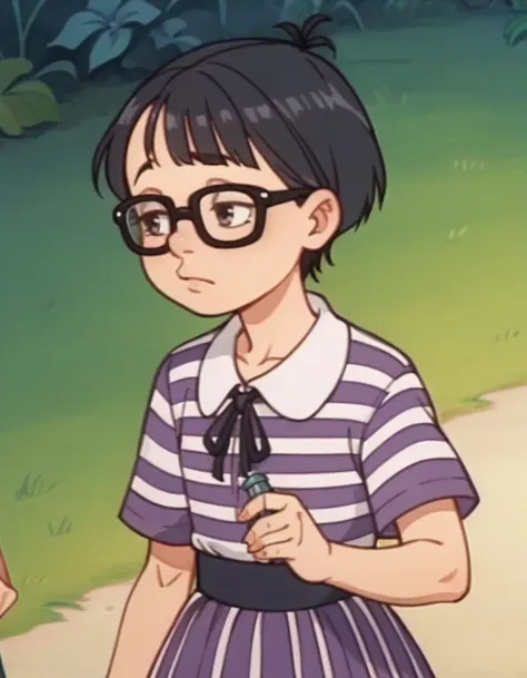 Mushka, screencap, 1girl, glasses, purple striped dress, short hair, black hair,