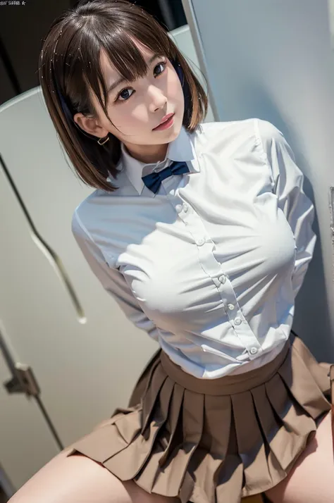 (anatomically correct), (Correct anatomy),
white collared shirt, blazer, bowtie, necktie, pleated skirt, mini skirt,　black socks, loafers,
nsfw,

BREAK,

(1girl,solo), (aichan:1.3), large breasts, large butt, petite, Fine clavicle, neat and cute girl, japa...