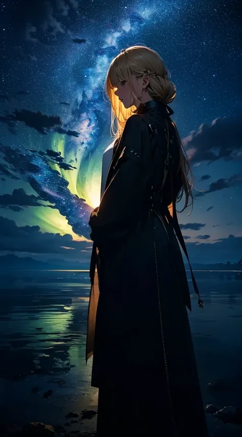 １people々々々々々々々々々々々々々,Blonde long hair woman，Long coat， Dress Silhouette， Rear View，Light overflowing from the palm of your hand，Space Sky, The boundary between sea and space，