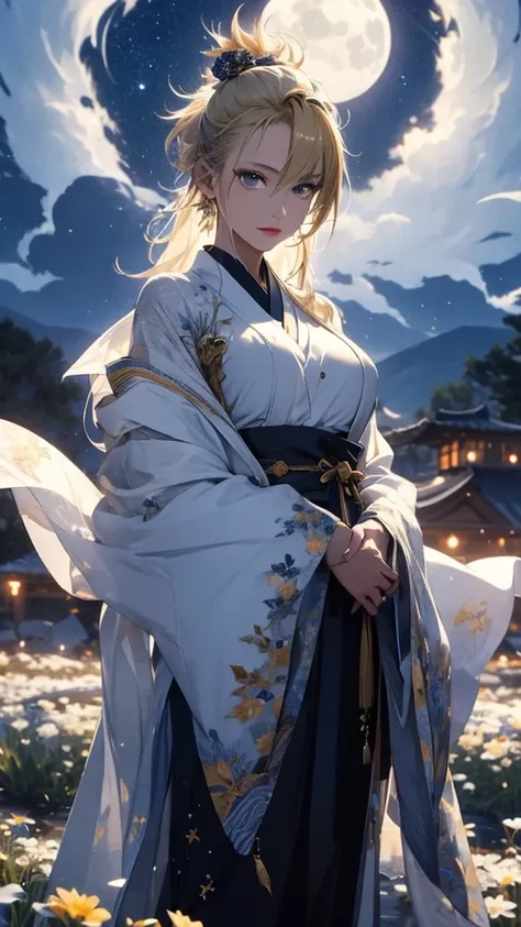 masterpiece, High image quality, 4K, Beautiful design, silhouette，Blonde Mohawk，， 非常に詳細な夜のStarry Sky,Flower Field， wonderful, Delicate details,  Very knowledgeable woman, Highly detailed solo, 1 female,Beautiful Eyes，tears，Big Breasts，white kimono，Night vi...