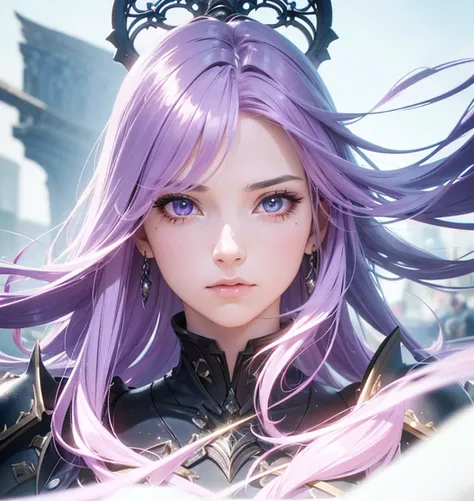 A woman with long purple hair and bangs, wearing black armor, floating in the air, pink eyes, cold expression, high-end facial features, luxurious decorations, white clouds around her, (best quality,4k,8k,highres,masterpiece:1.2),ultra-detailed,(realistic,...