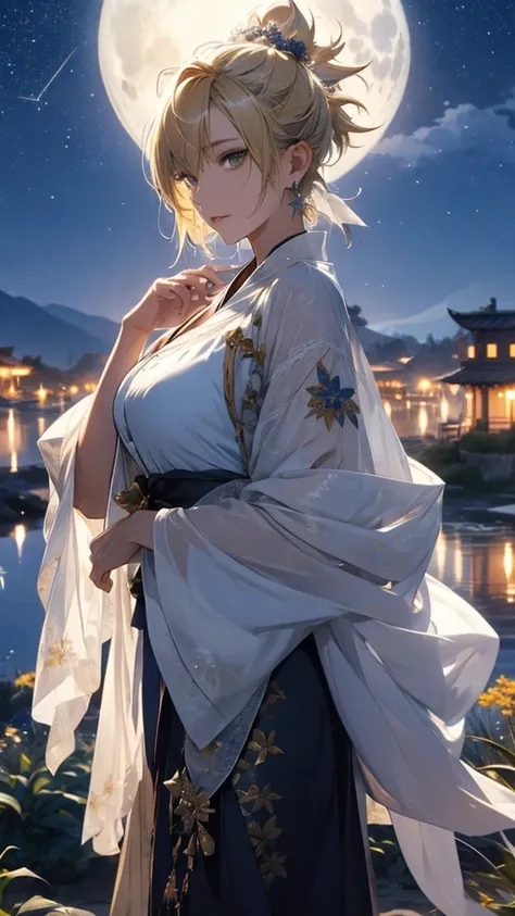 masterpiece, High image quality, 4K, Beautiful design, silhouette，Blonde Mohawk，， 非常に詳細な夜のStarry Sky,Flower Field， wonderful, Delicate details,  Very knowledgeable woman, Highly detailed solo, 1 female,Beautiful Eyes，tears，Big Breasts，white kimono，Night vi...