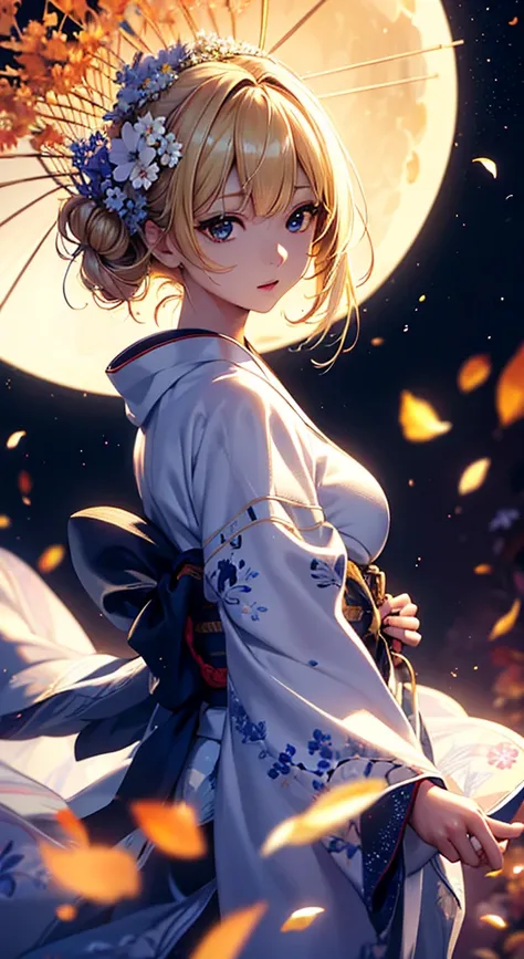 masterpiece, High image quality, 4K, Beautiful design, silhouette，blonde， 非常に詳細な夜のStarry Sky,Flower Field， wonderful, Delicate details,  Very knowledgeable woman, Highly detailed solo, 1 female,Big Breasts，White yukata，Night view，Starry Sky，full moon，