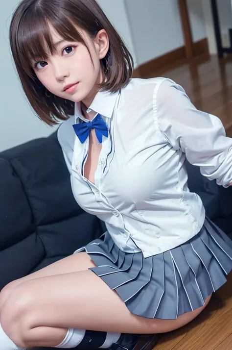 (anatomically correct), (Correct anatomy),
((white shirt, dark blue blazer, dark red bowtie, gray pleated skirt, white socks, loafers)),
at school, nsfw,

BREAK,

(1girl,solo), (aichan:1.3), large breasts, large butt, petite, Fine clavicle, neat and cute g...